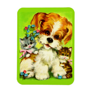 Cute Puppy and Smiling Kittens Magnet