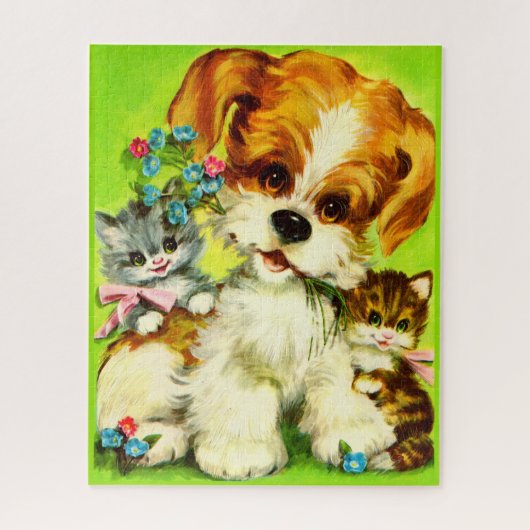 Cute Puppy and Smiling Kittens Puzzle (Vertikal)