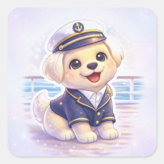 Cute Puppy Captain Square Sticker (Vorderseite)
