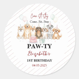 Cute Puppy Dog Boy 1st Birthday | Pawty Time First Runder Aufkleber