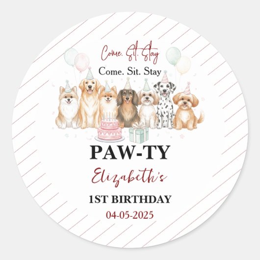 Cute Puppy Dog Boy 1st Birthday | Pawty Time First Runder Aufkleber (Vorderseite)