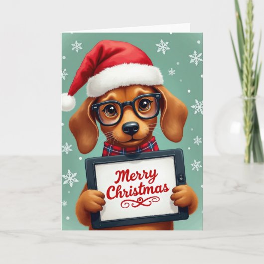 Cute Puppy Dog Glasses Merry Christmas Tablet Karte (Vorderseite)