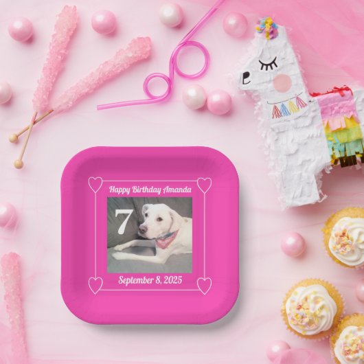 Cute Puppy Dog Photo Birthday 7 Hearts Hot Pink Pappteller (Party)