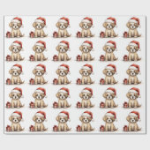 Cute Puppy Dog Wearing a Santa Hat Christmas Geschenkpapier (Flach)