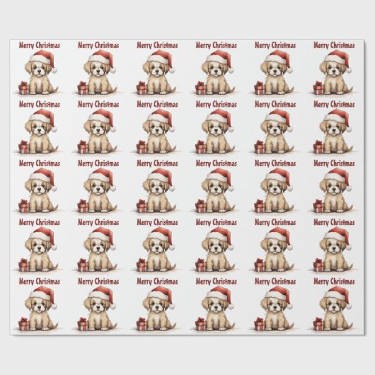 Cute Puppy Dog Wearing a Santa Hat Merry Christmas Geschenkpapier (Flach)