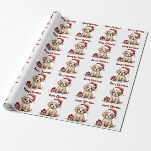 Cute Puppy Dog Wearing a Santa Hat Merry Christmas Geschenkpapier (Ungerollt)