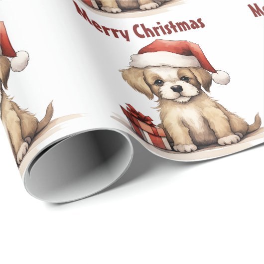 Cute Puppy Dog Wearing a Santa Hat Merry Christmas Geschenkpapier (Rolleneckpunkt)