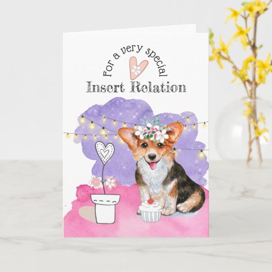 Cute puppy FOR HER PINK purple string lights verse Karte (Gelbe Blume)