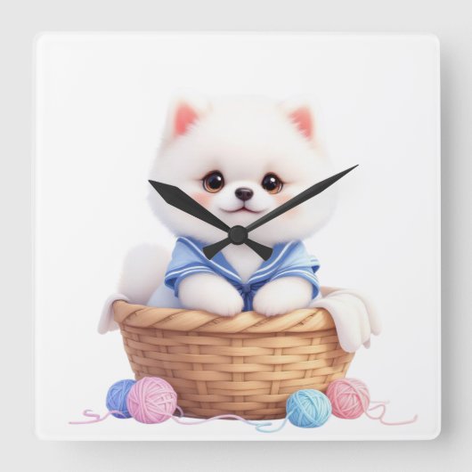 Cute Puppy in Basket Wall Clock Quadratische Wanduhr (Vorderseite)