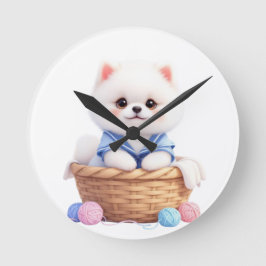 Cute Puppy in Basket Wall Clock Runde Wanduhr
