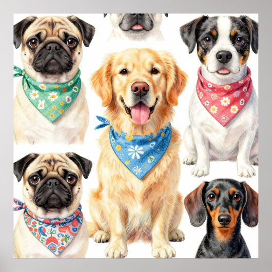 Cute Puppy Portraits Bandana Collage Watercolor Poster (Vorne)