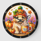Cute Puppy Pumpkin Season Fall Theme Große Wanduhr (Vorderseite)