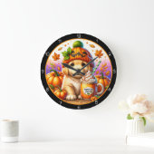 Cute Puppy Pumpkin Season Fall Theme Große Wanduhr (Zuhause)
