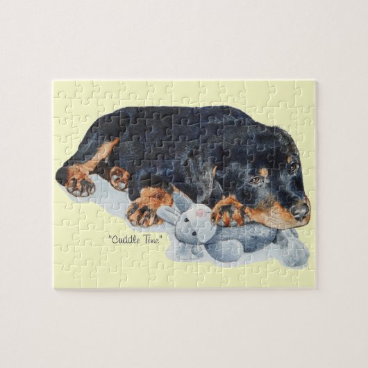 cute puppy rottweiler cuddling teddy bear puzzle (Horizontal)
