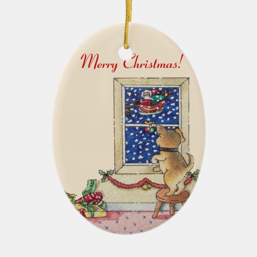 Cute puppy waving to santa in the snow keramikornament (Vorne)