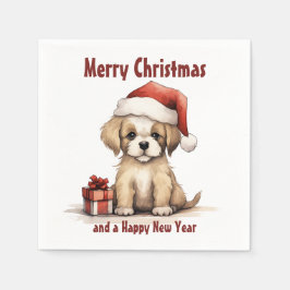 Cute Puppy Wearing a Santa Hat Dog Merry Christmas Serviette