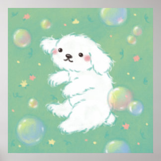 Cute Puppy with Bubbles and Flowers Poster