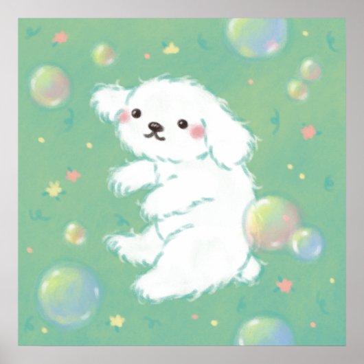 Cute Puppy with Bubbles and Flowers Poster (Vorne)