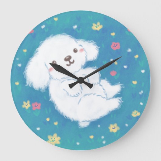 Cute Puppy with Flowers Große Wanduhr (Vorderseite)