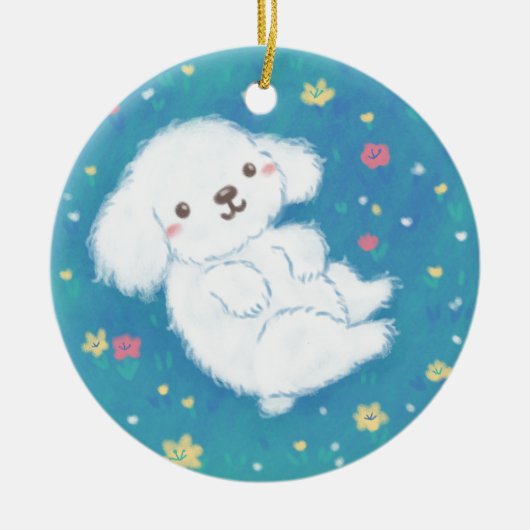 Cute Puppy with Flowers Keramik Ornament (Vorne)