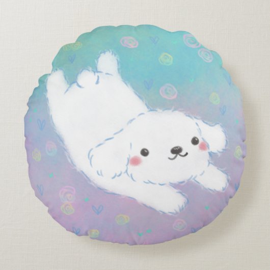 Cute Puppy with Pastel Flowers Rundes Kissen (Vorderseite)