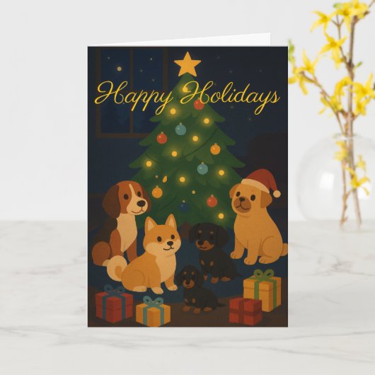 Cute Pups around the Tree Custom Christmas Card Karte (Gelbe Blume)
