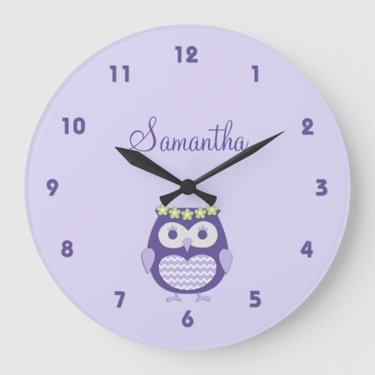Cute Purple and Lavender Girly Owl Wall Clock Große Wanduhr (Vorderseite)