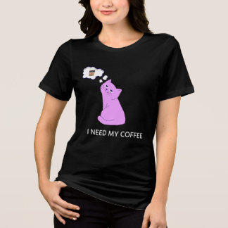 Cute Purple Cat “I Need My Coffee” Funny Design Tri-Blend Shirt