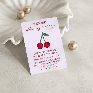 Cute Purple Cherry on Top First Birthday Einladung