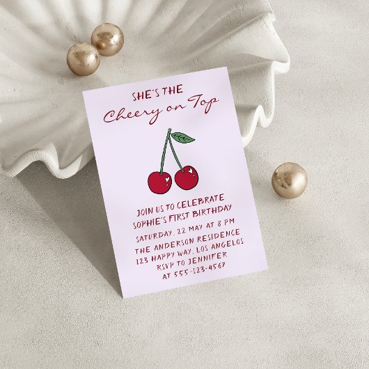 Cute Purple Cherry on Top First Birthday Einladung