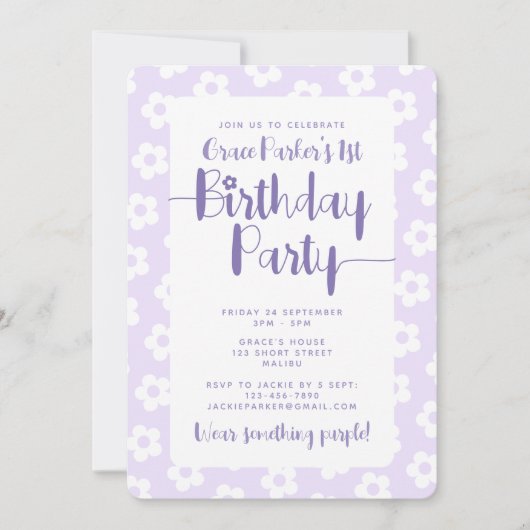 Cute Purple Daisy Pattern 1st Birthday Party Einladung (Vorderseite)