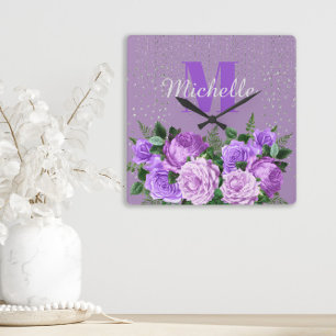 Cute Purple Floral Silver Glitter Monogram   Quadratische Wanduhr
