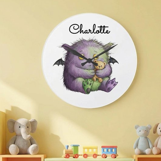 Cute Purple Green Fluffy Monster Buddy Große Wanduhr