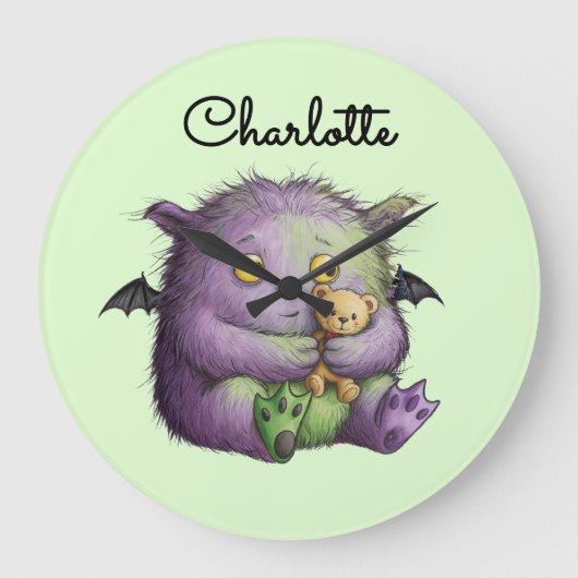 Cute Purple Green Fluffy Monster Buddy Große Wanduhr (Vorderseite)