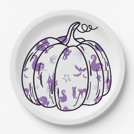 Cute Purple Halloween Icons in Pumpkin Pappteller (Vorderseite)
