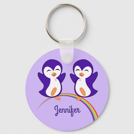 Cute Purple Penguin Monogram Rainbow Kids Schlüsselanhänger (Vorderseite)