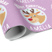 Cute Purple Reindeer Kid`s Name Merry Christmas Geschenkpapier (Rolleneckpunkt)