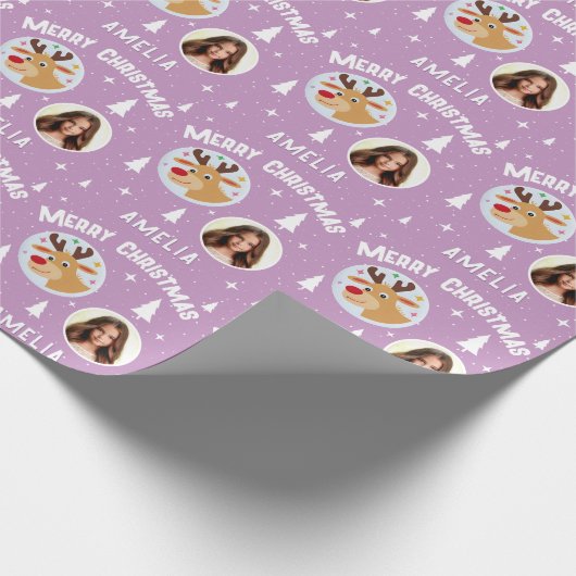 Cute Purple Reindeer Kid`s Name Photo Christmas Geschenkpapier (Ecke)
