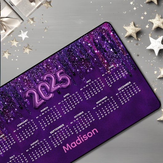 Cute Purple Unicorn Glitter Drips 2025 Kalender Schreibtischunterlage