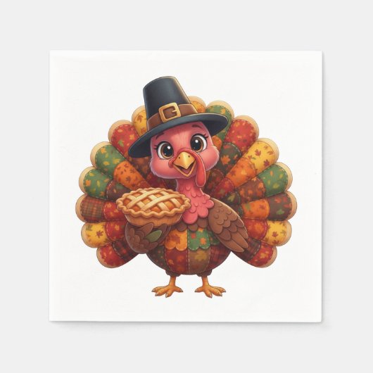 Cute Quilted Patchwork Turkey | Pilgrim Hat Pie Serviette (Vorderseite)