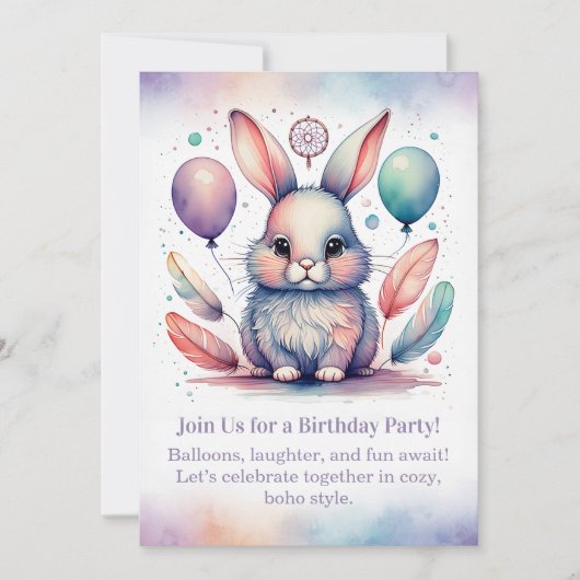 Cute Rabbit Birthday Invitation Woodland Boho  Einladung (Vorderseite)