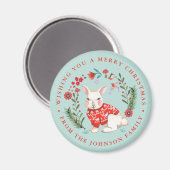 Cute Rabbit Christmas Holiday Name blue Magnet (Vorderseite/Rückseite)