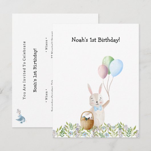 Cute Rabbit On A Picnic With Balloons Invitation Postkarte (Vorne/Hinten)