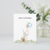 Cute Rabbit On A Picnic With Balloons Invitation Postkarte (Stehend Vorderseite)