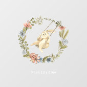Cute Rabbit On A Swing Floral Wreath Name Sticker (Blatt)