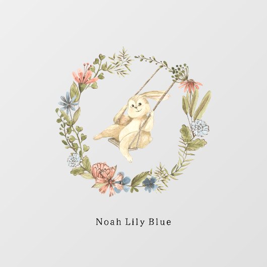 Cute Rabbit On A Swing Floral Wreath Name Sticker (Blatt)