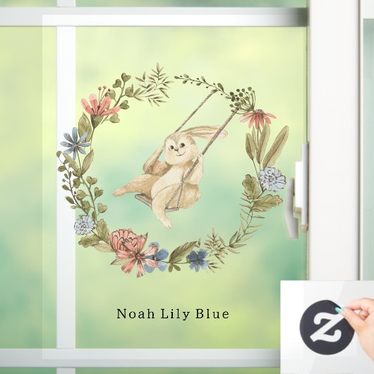 Cute Rabbit On A Swing Floral Wreath Name Sticker (Zuhause)