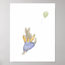Cute Rabbit With Green Balloon Nursery Poster