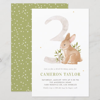 Cute Rabbit Woodland Third Birthday Invitation