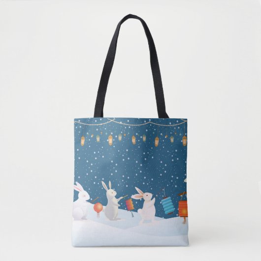 Cute Rabbits Lantern Parade Through Snow Christmas Tasche (Vorderseite)